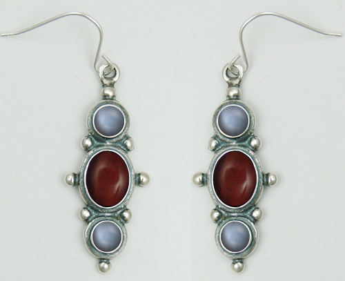 Sterling Silver Drop Dangle Earrings With Red Tiger Eye And Grey Moonstone